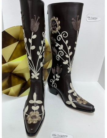 靴 Treaturself Rose embroiderywesternboots Brown Embroidered Leather Boots
